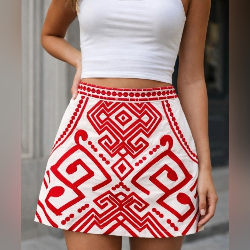 Savanna Jane White Mini Skirt with Red Geometric Embroidery